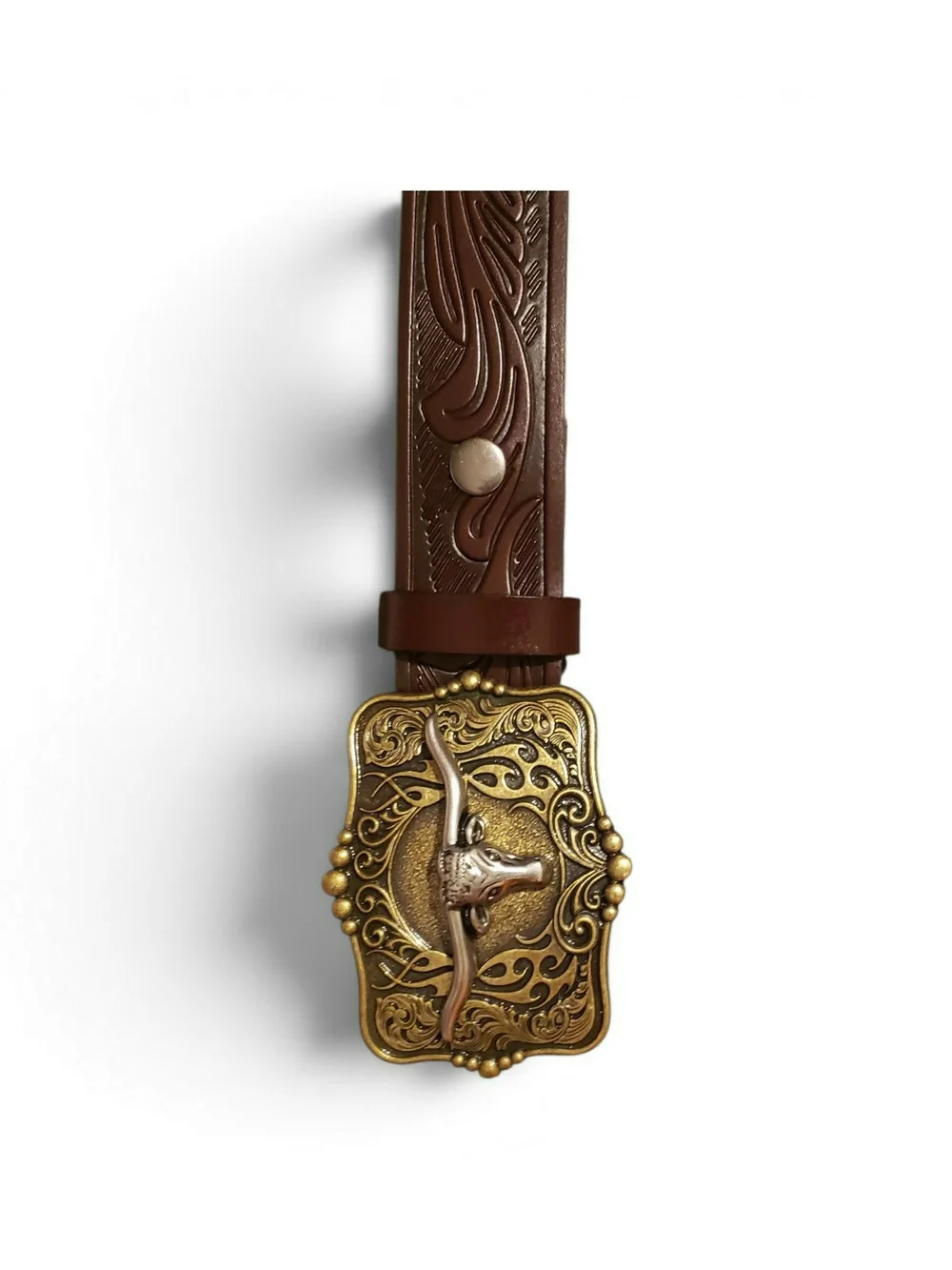 Western Longhorn Buckle Brown Leather Belt - 46